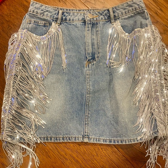 Main Strip Blue Denim Skirt with Silver Fringe - Picture 3 of 6